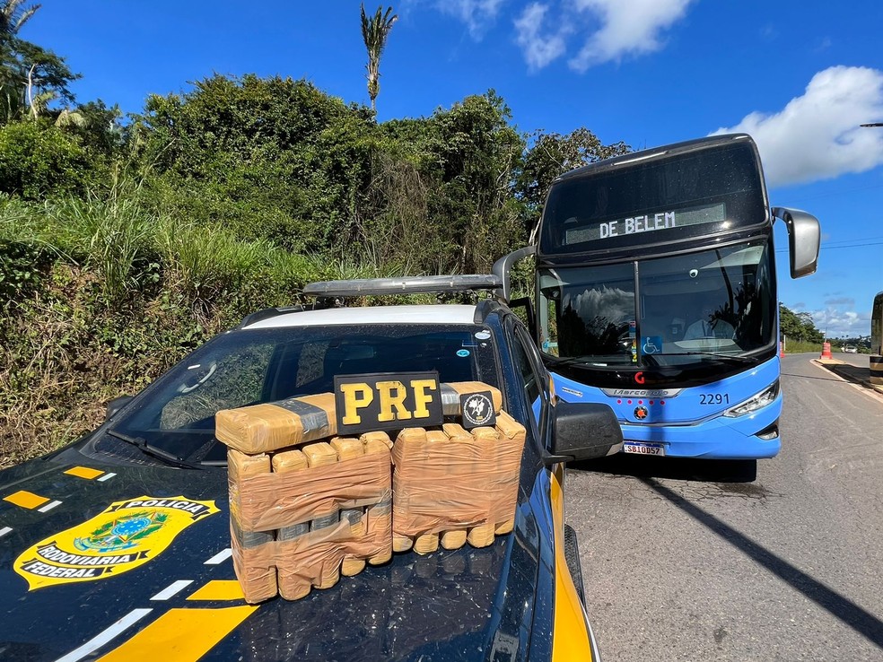 PRF apreendeu 12 tabletes de cocaína que estava em mala de passageira de ônibus, em Tianguá. — Foto: PRF/ Divulgação