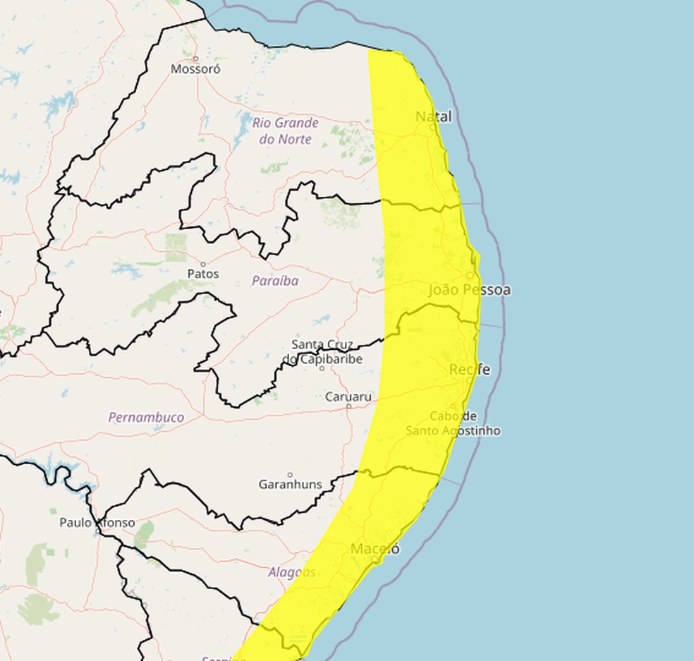 Inmet emite alerta de perigo potencial de chuvas intensas para João Pessoa e mais 67 cidades na Paraíba — Foto: Inmet