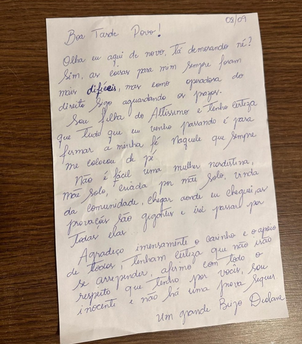 Segunda carta de Deolane Bezerra após prisão — Foto: Reprodução
