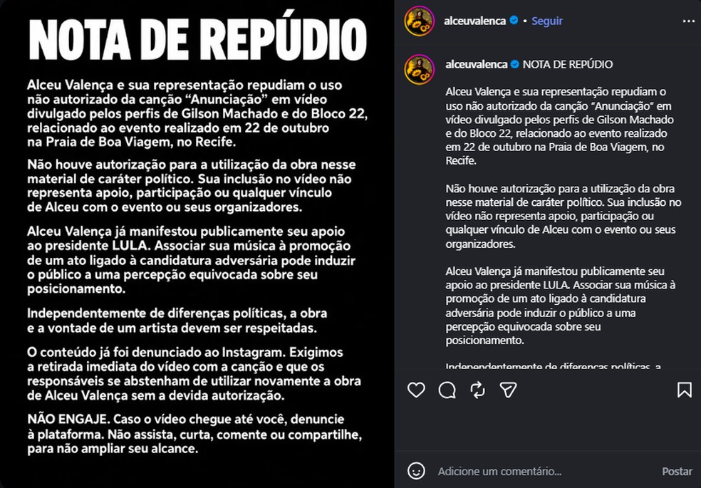 Alceu Valença repudia uso da música 'Anunciação' em vídeo pró-Flávio Bolsonaro — Foto: Reprodução/Instagram