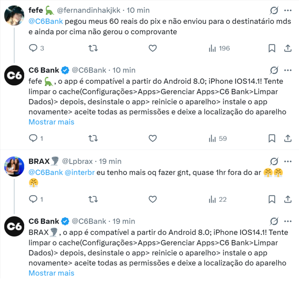 Usuários relatam instabilidade em aplicativos de bancos nas redes sociais — Foto: Reprodução/X