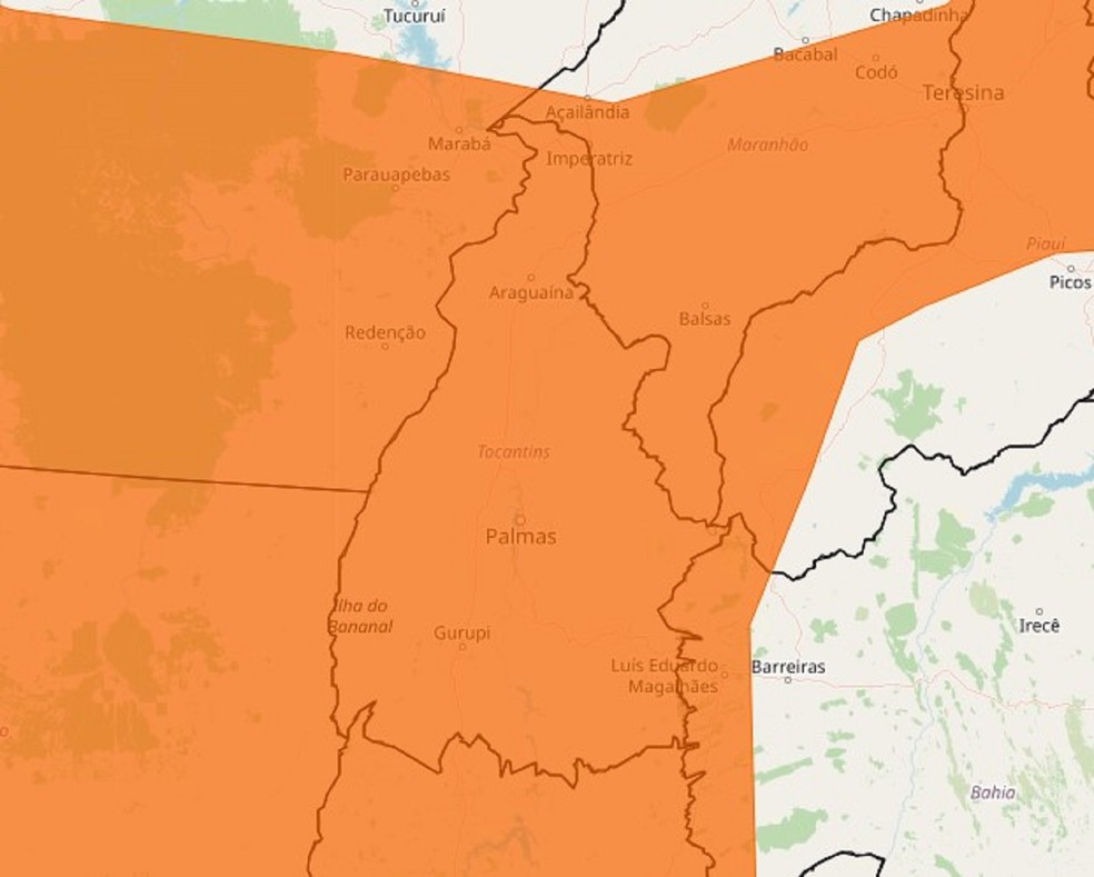Alerta laranja para o Tocantins durante o fim de semana — Foto: Inmet/ Reprodução
