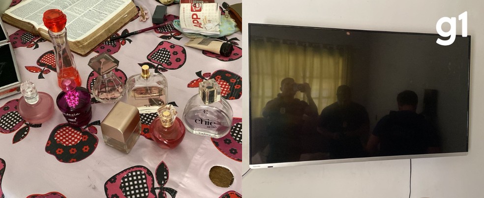 Produtos furtados ou roubados, como perfumes de marcas variadas e uma TV foram apreendidos — Foto: Polícia Civil