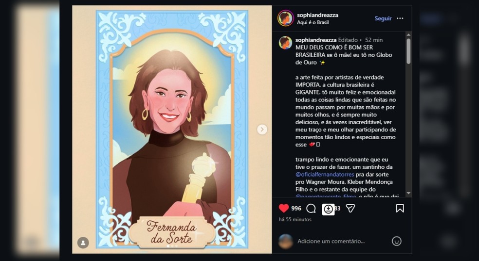 Designer de Sorocaba (SP) criou arte de santinho da Fernanda Torres distribuído no Globo de Ouro 2026 — Foto: Instagram/Reprodução