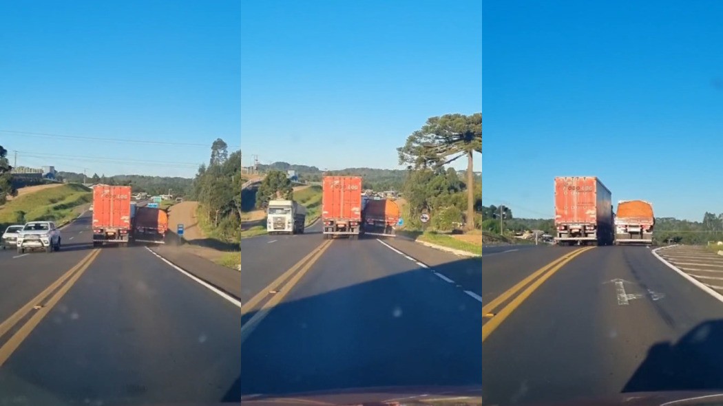 VÍDEO flagra caminhões lado a lado em tentativa de ultrapassagem perigosa na BR-282, em SC