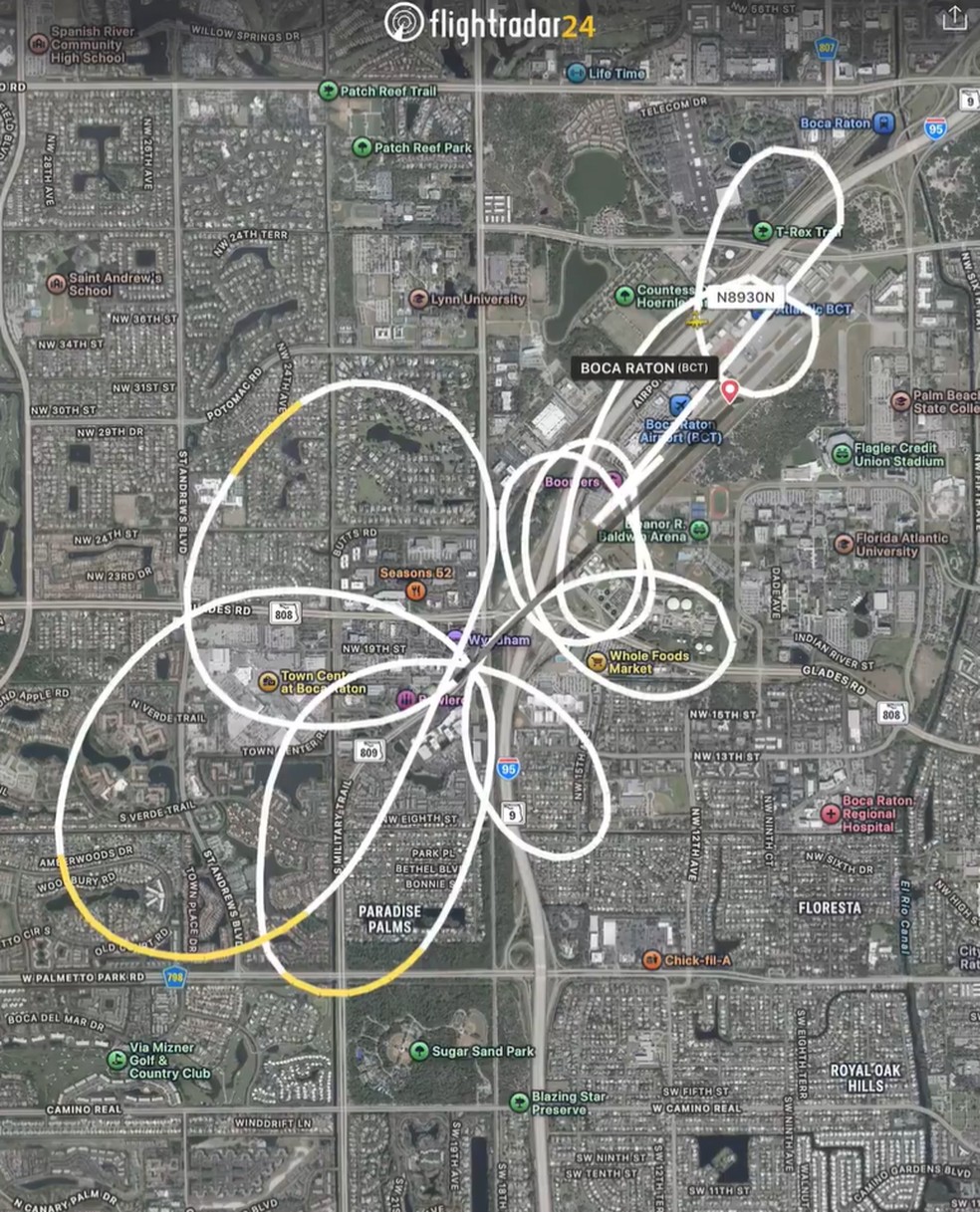 Site mostra rota de avião antes de queda em Boca Raton, na Flórida — Foto: Flight Radar / Reprodução