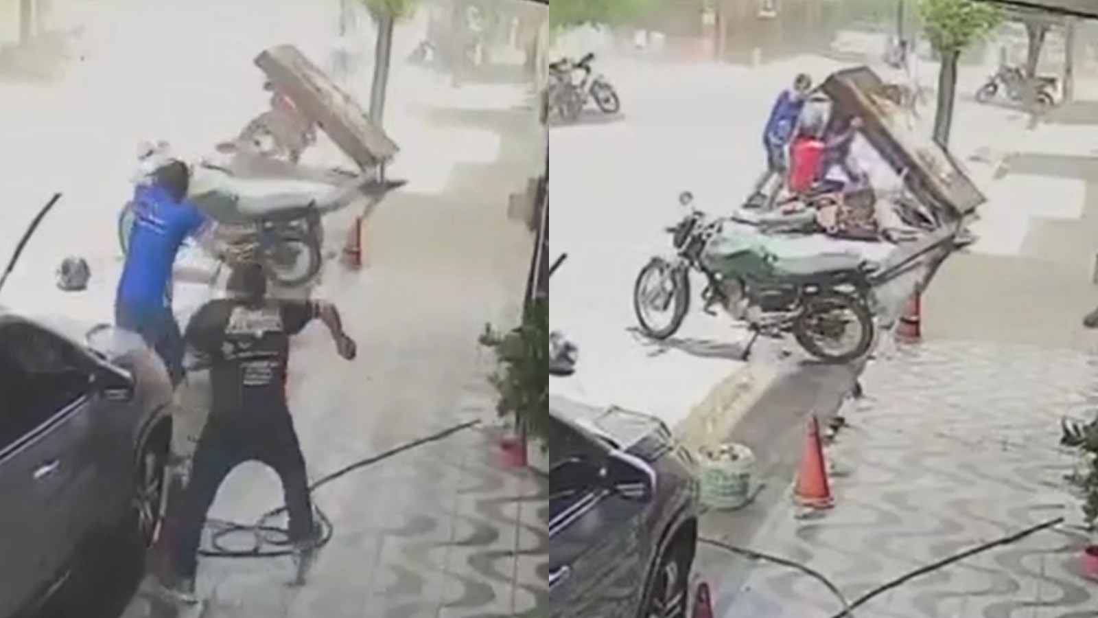 VÍDEO: rajada de vento derruba placa de comércio, e letreiro cai sobre motociclista no interior do Ceará