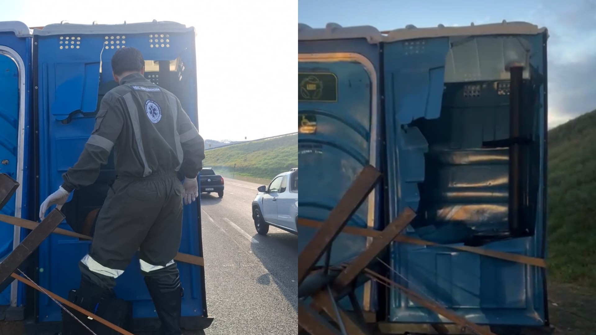 Motociclista bate na traseira de caminhão e cai dentro de banheiro químico transportado por guincho