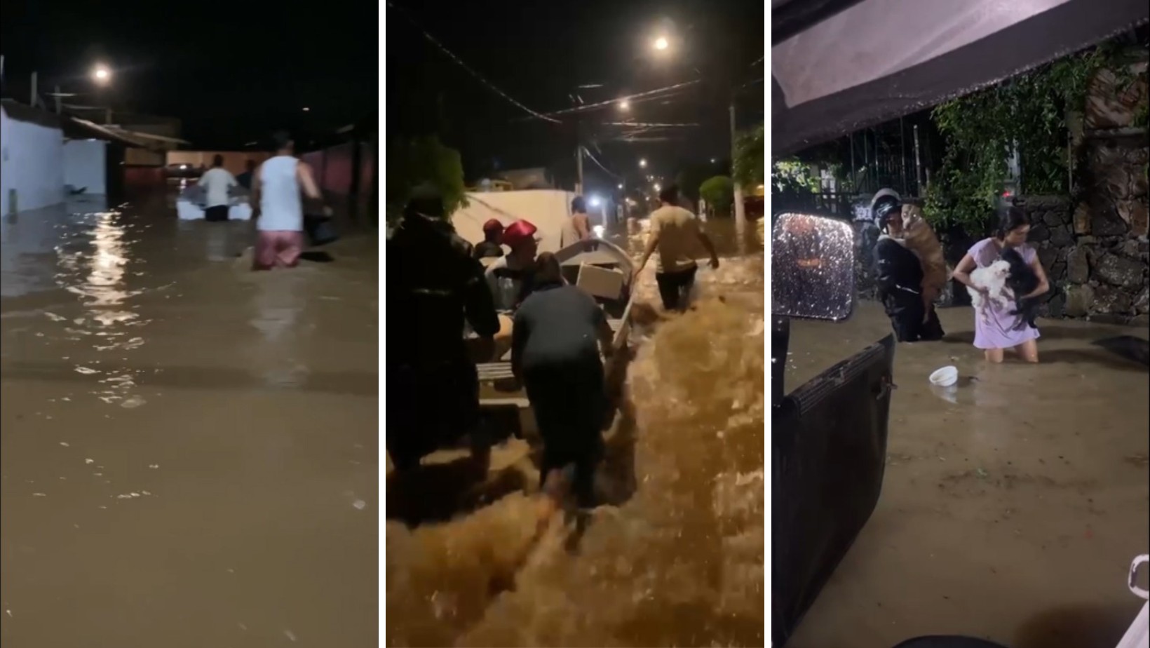 Voluntários atravessam ruas alagadas com água até o joelho para resgatar pessoas de bote em Ilhabela, SP