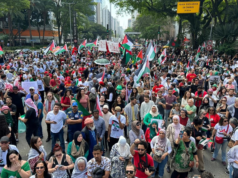 Manifestantes fazem ato pró-Palestina na Av. Paulista, na tarde deste domingo (22) — Foto: Abraão Cruz/TV Globo