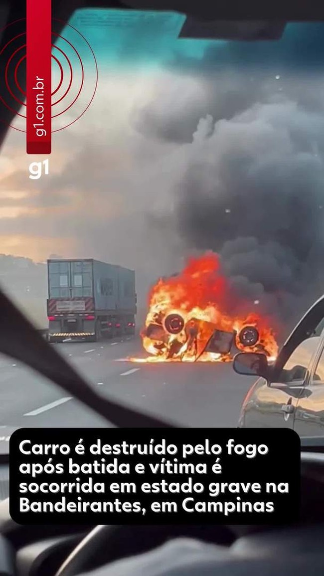 Carro é destruído pelo fogo após batida e vítima é socorrida em estado grave em Campinas