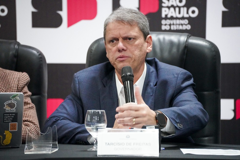 O governador de São Paulo, Tarcísio de Freitas (Republicanos), durante reunião do Cobom em 30/04/2025. — Foto: Celso Silva/GESP