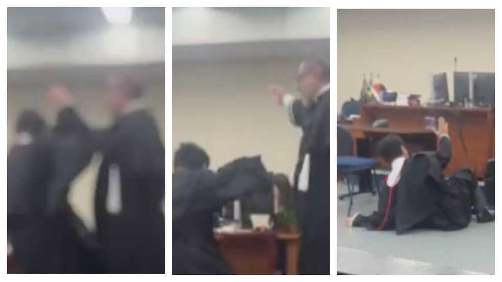 Filmagem feita por advogado na plateia mostra momento em que promotor cai após ficar frente a frente com defesa de réu. — Foto: Reprodução/Redes sociais