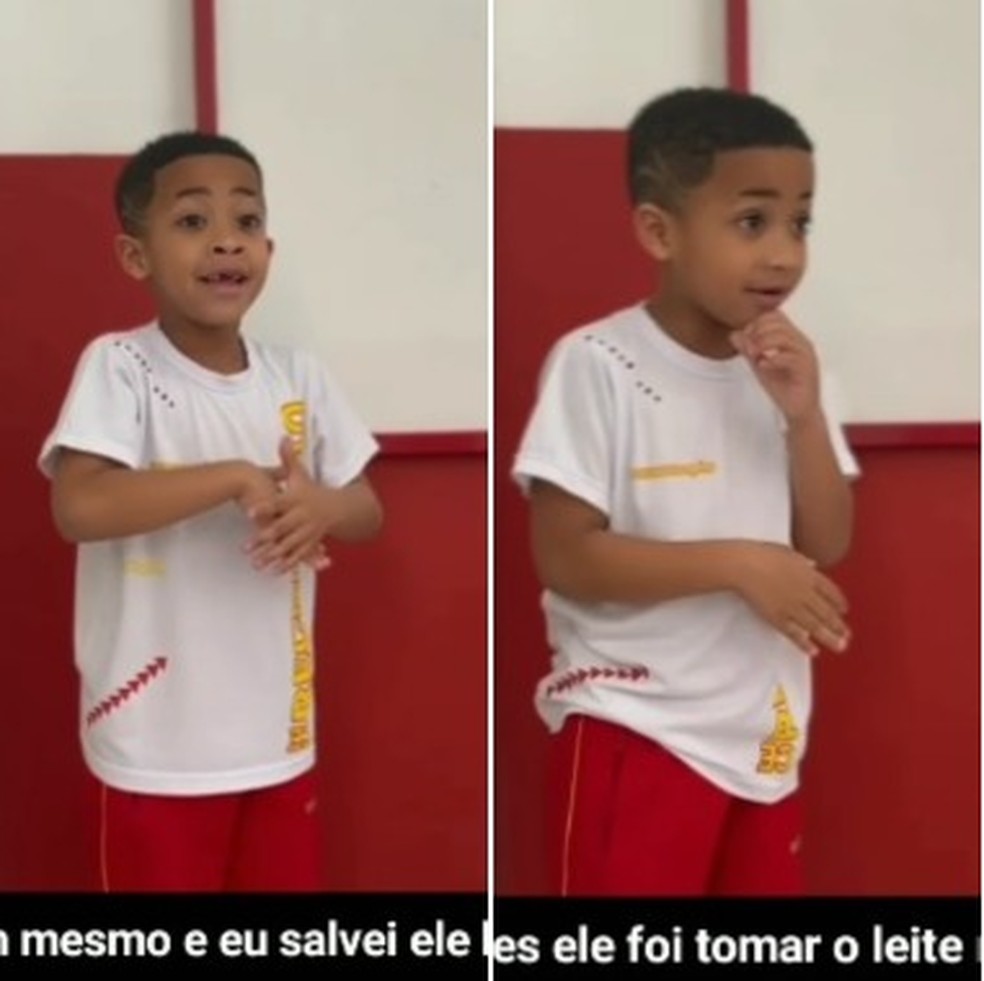 Menino contou como salvou bebê afogado com leite em Palhoça — Foto: Corpo de Bombeiros/Reprodução