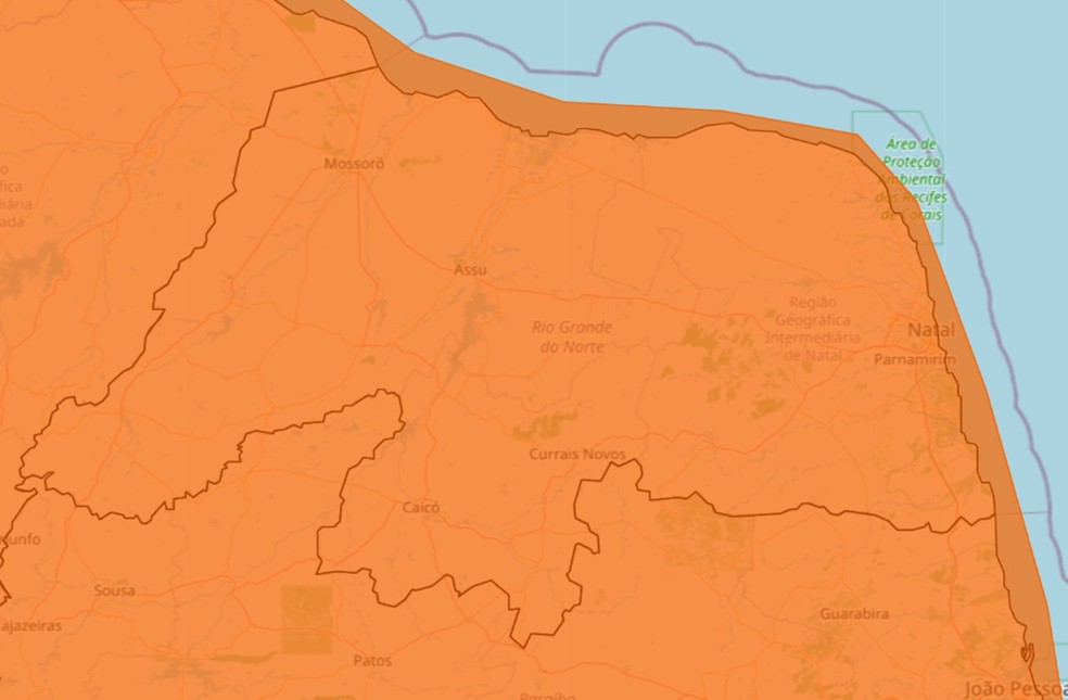 Alerta laranja de chuvas abrange todo o Rio Grande do Norte nesta sexta-feira (24) — Foto: Inmet/Reprodução