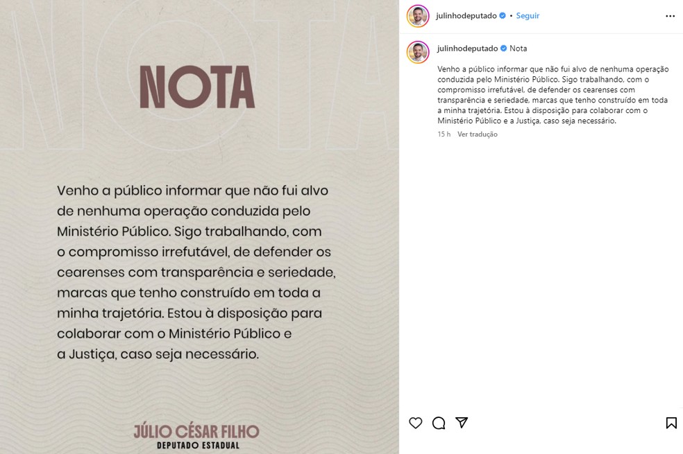 Deputado se manifestou nas redes sociais. No entanto, o MP ainda não divulgou o nome do parlamentar investigado. — Foto: Reprodução/Redes Sociais