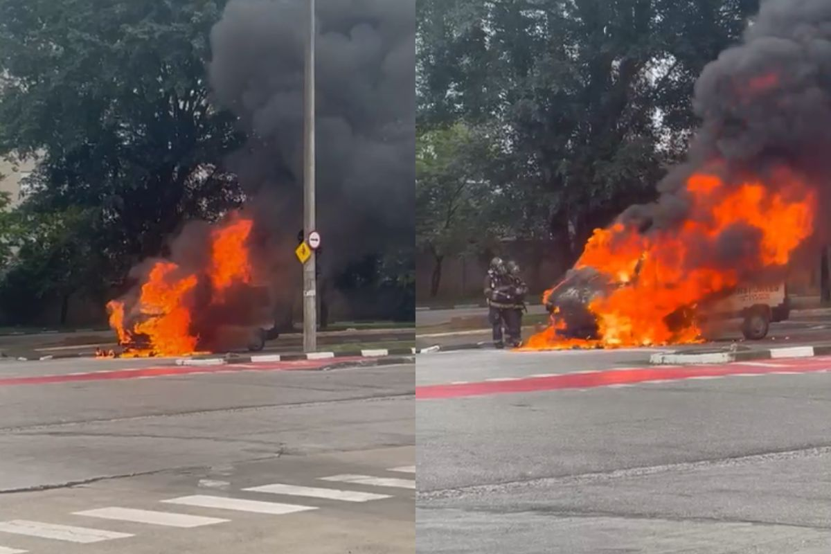 Van de turismo pega fogo e fica completamente destruída em Santos; VIDEO