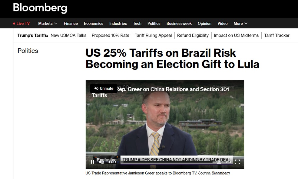 Reportagem da agência Bloomberg, dos Estados Unidos, sobre tarifas de 25% impostas pelos EUA ao Brasil em 16 de julho de 2026. — Foto: Reprodução/Bloomberg