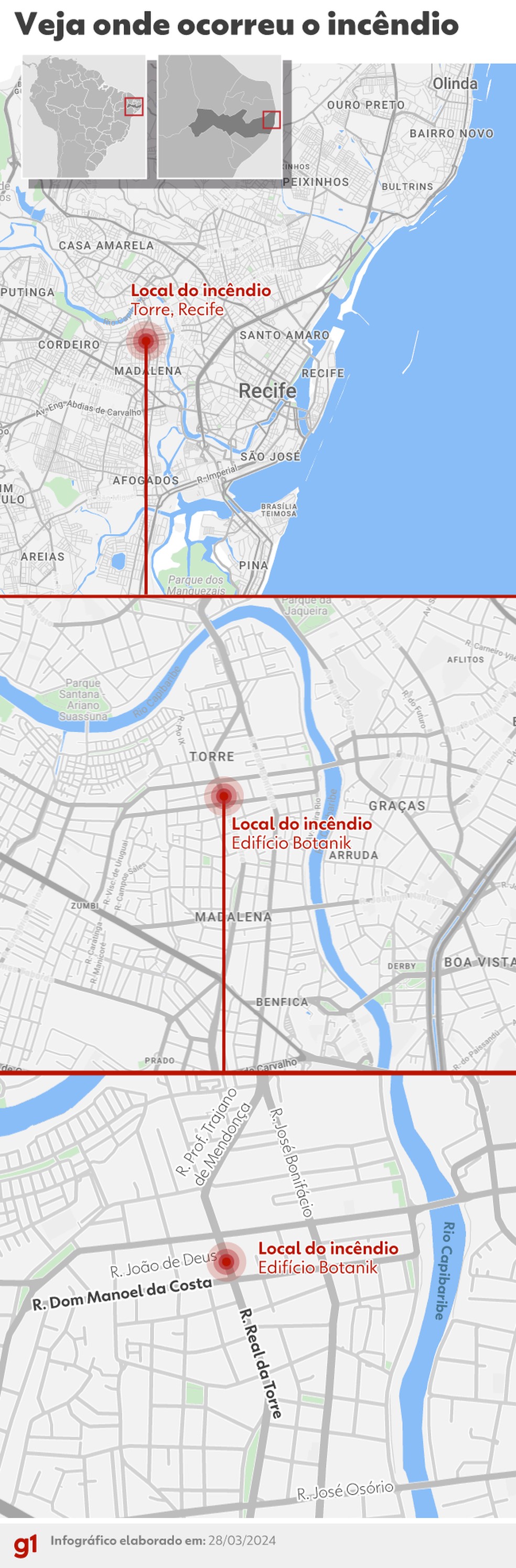 Mapa mostra localização do prédio em construção atingido pelo incêndio no Recife — Foto: Arte/g1