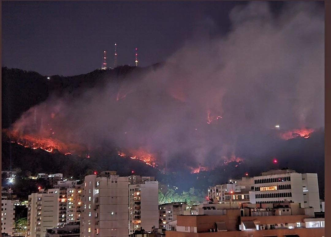 Bombeiros tentam combater incêndio em área de mata na Zona Norte do Rio