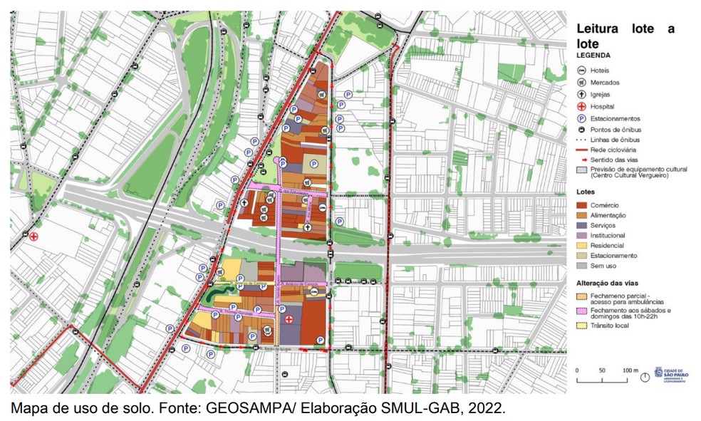 Mapeamento da Prefeitura de SP sobre área de possível implementação do Ruas Abertas na Liberdade — Foto: Reprodução
