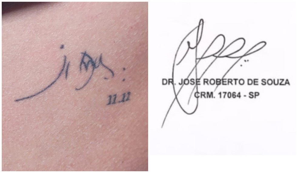 Tatuagem mostra assinatura do pai de Aline Garcia, o médico José Roberto de Souza — Foto: TV Globo/Reprodução