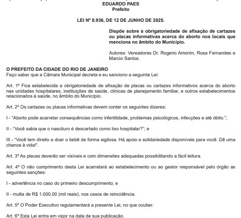 Prefeito Eduardo Paes sanciona lei que obriga unidades de saúde a ter placas sobre aborto