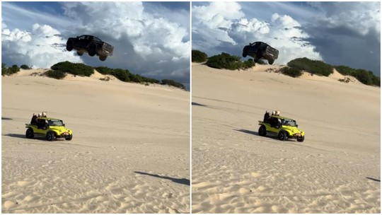 Carro ‘voa’ por cima de duna em Canoa Quebrada, no Ceará