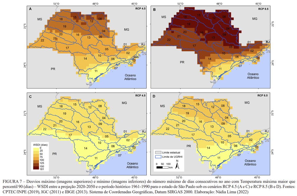 Projeções de ondas de calor no estado de São Paulo entre 2020 e 2050 — Foto: Reprodução