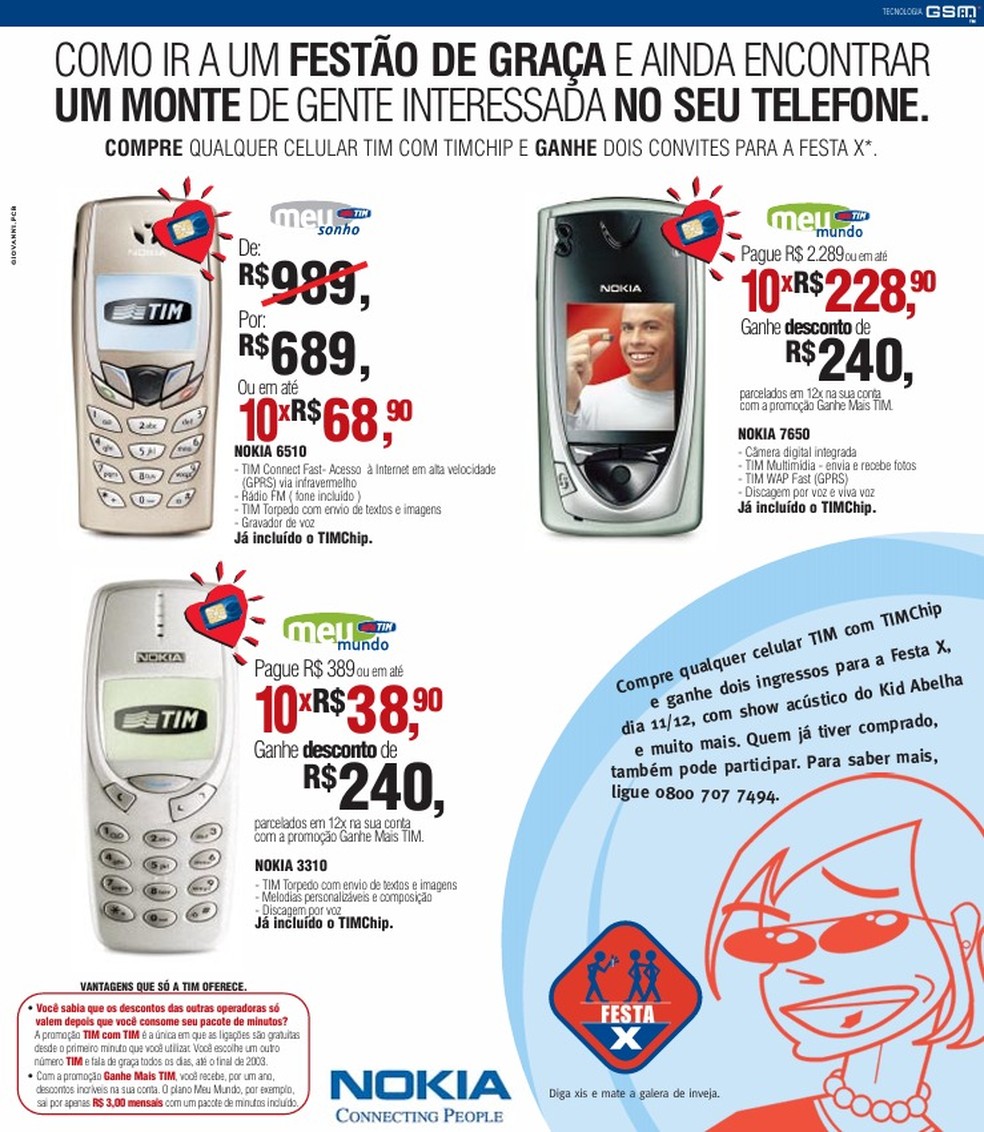 Propaganda mosra os preços dos celulares em 2002 — Foto: Reprodução