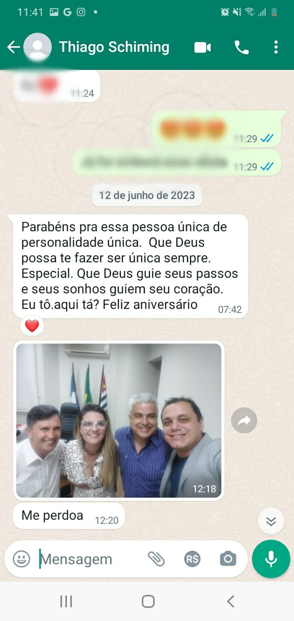 Thiago mandou mensagem a Fabíola pedindo perdão — Foto: Reprodução/WhatsApp