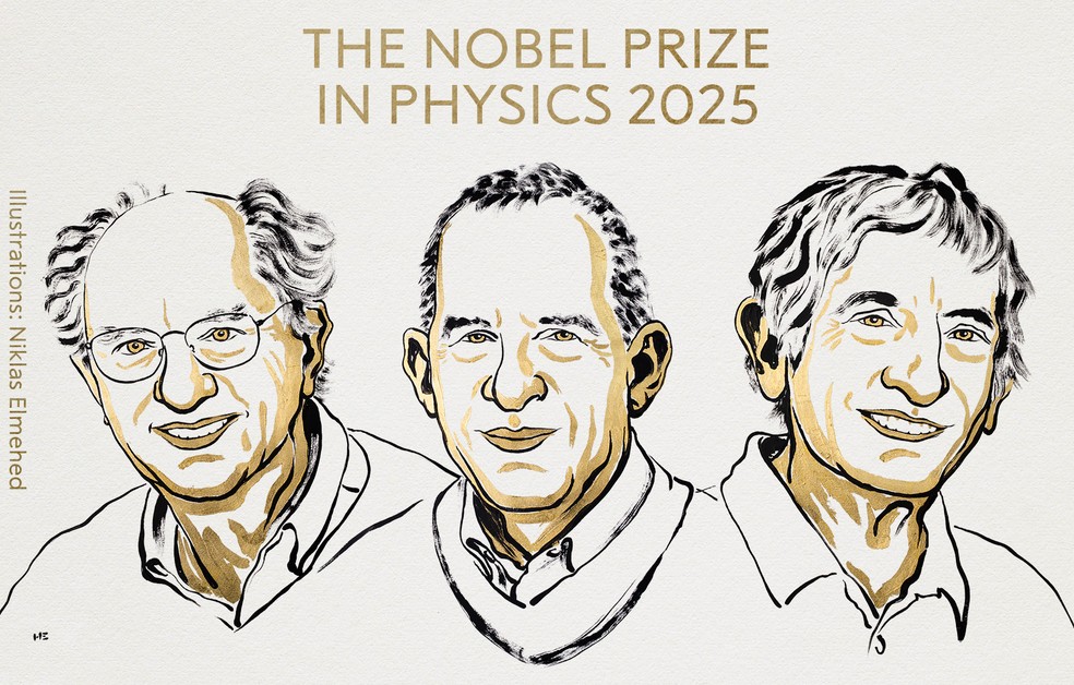 Vencedores do Nobel de Física 2025: John Clarke, Michel H. Devoret and John M. Martinis — Foto: Prêmio Nobel/Divulgação