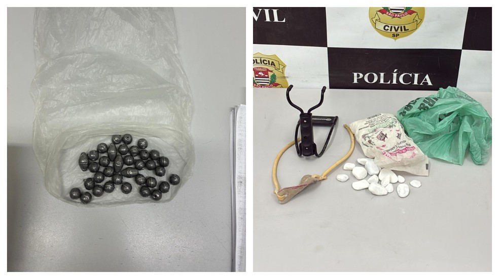 Na casa de Edson, a polícia achou estilingues, pedras e outros materiais que seriam usados em ataques — Foto: Divulgação/Polícia Civil