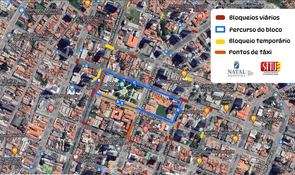 Mapa de interdições no trânsito para o Axé Natal — Foto: STTU