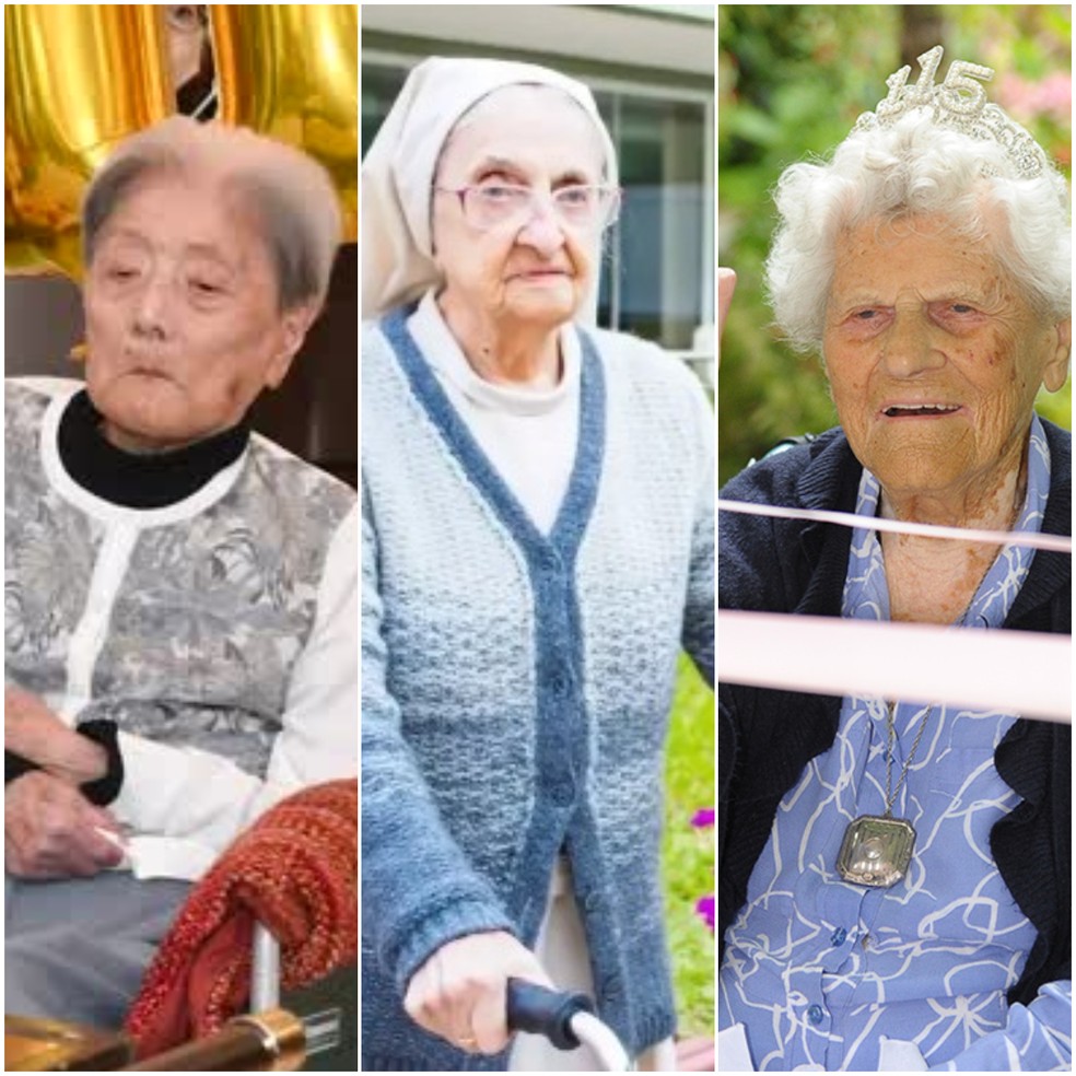 As supercentenárias Tomiko Itooka, Inah Canabarro Lucas e Ethel Caterham — Foto: Cortesia Ashiya Municipal Government via Reuters / Gerontology Research Group (GRG) / Reprodução Facebook/HallmarkCareHomes