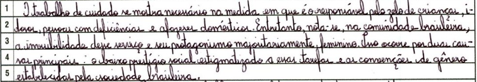 Trecho da redação nota mil de Catharina Ferreira no Enem 2023 | Foto: Reprodução/Inep