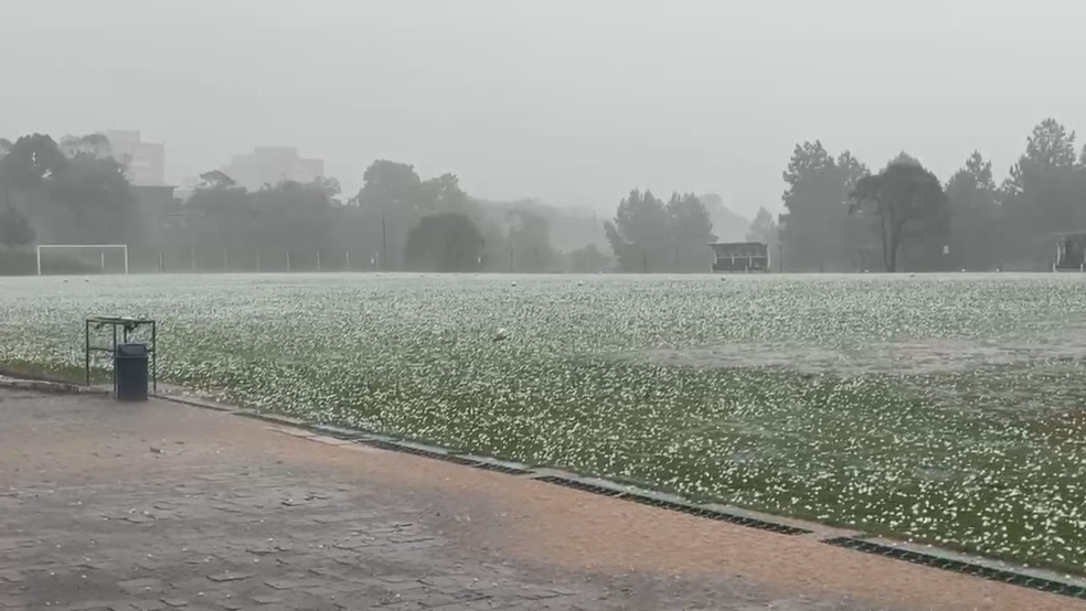 Campo coberto por pedras de gelo durante queda de granizo em Caxias do Sul — Foto: Bruno Todeschini/RBS TV