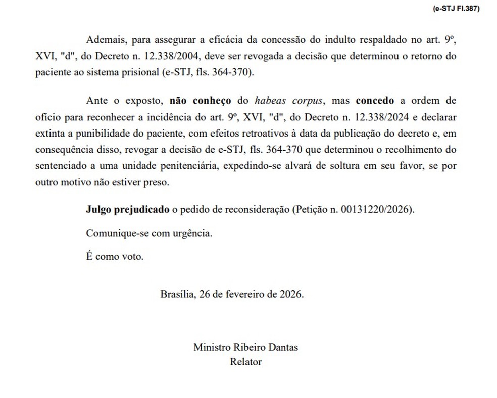 Trecho da decisão — Foto: STJ