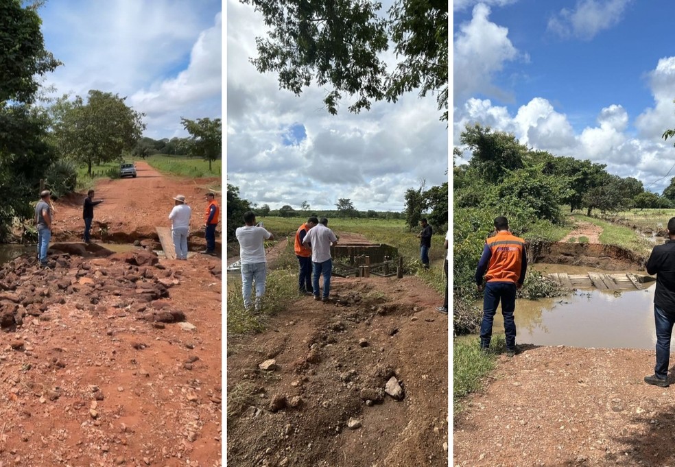 Pontes foram levadas pelas águas na zona rural de Sandolândia — Foto: Defesa Civil Estadual/Arte g1