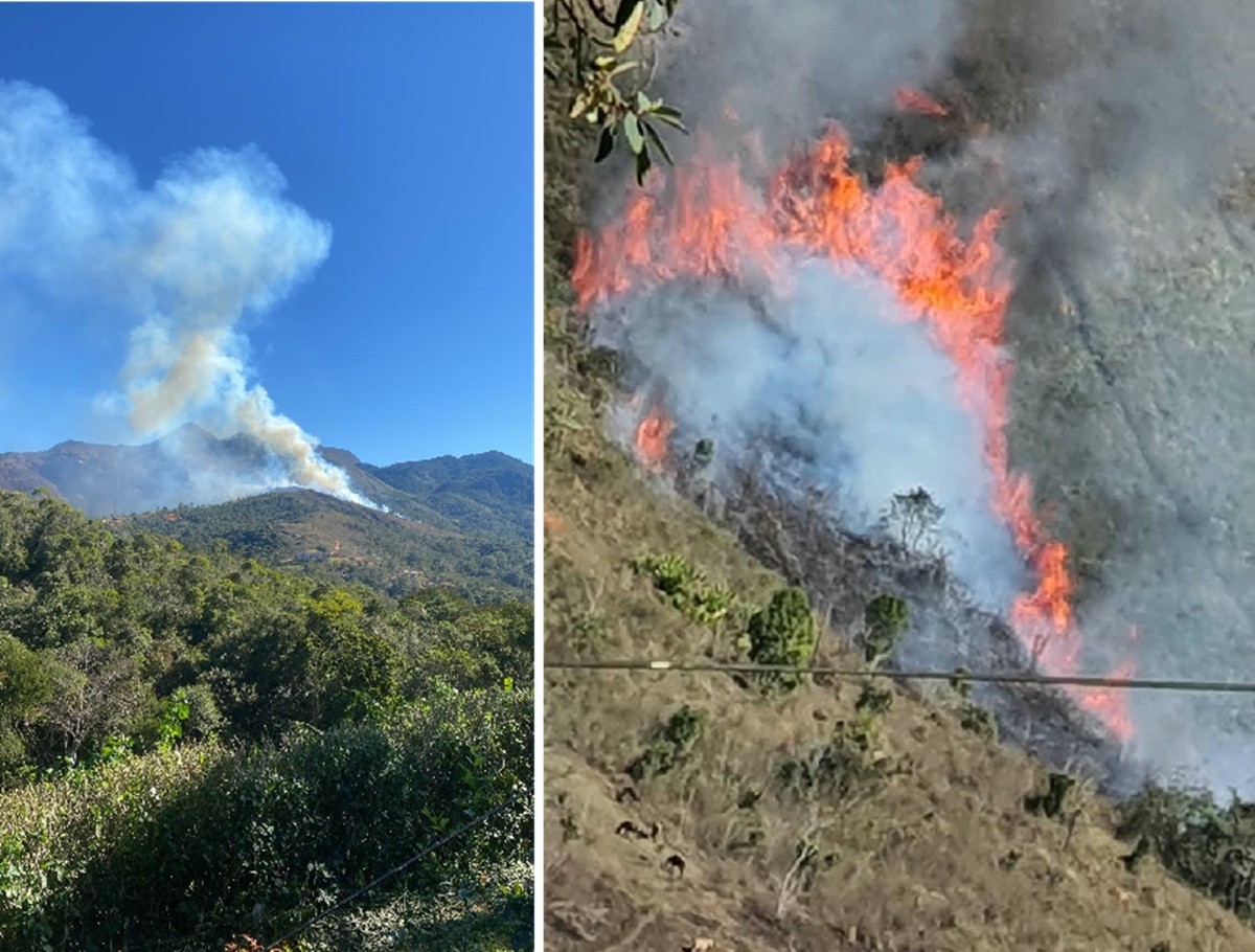 Incêndio de grandes proporções atinge área de mata no Parque das Montanhas, em Teresópolis