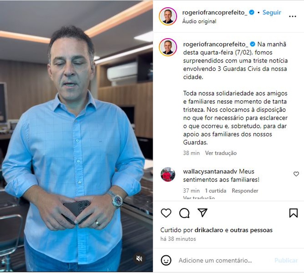 Prefeito Rogério Franco, de Cotia, gravou vídeo e escreveu mensagem de apoio aos familiares dos GCMs envolvidos no caso que deixou um agente morto e dois baleados — Foto: Reprodução/Arquivo pessoal