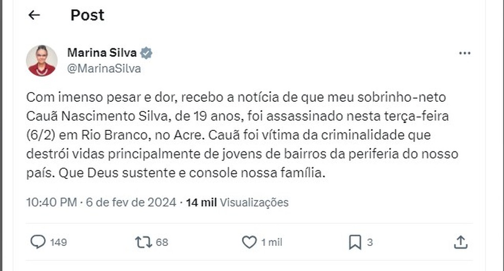 Ministra lamentou crime — Foto: Reprodução