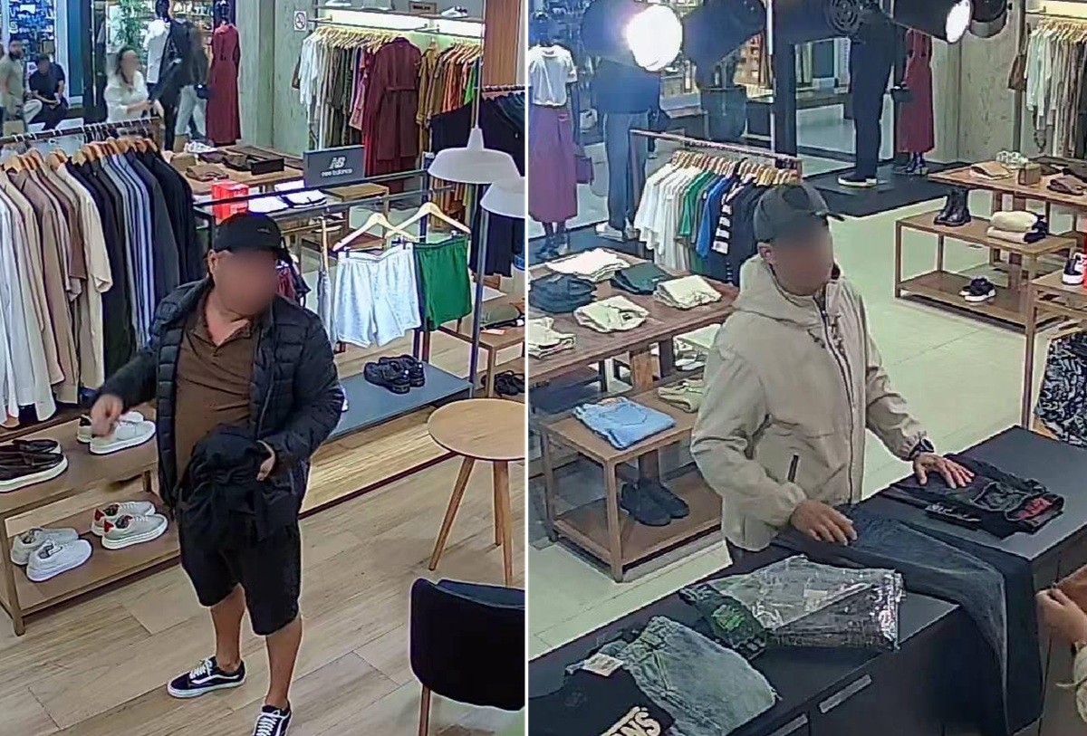Vídeo: dupla furta casacos avaliados em R$ 7 mil em shopping de Cabo Frio; suspeitos passam por duas lojas da mesma rede