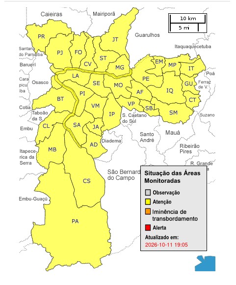 Cidade de SP entra em estado de atenção para alagamentos neste domingo