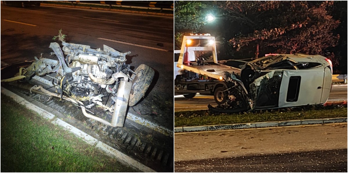 Motor de carro é arrancado após colisão em poste em Florianópolis
