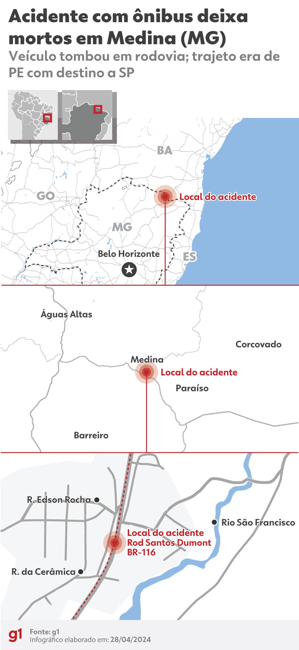 Infográfico mostra o local do acidente em Minas Gerais — Foto: g1