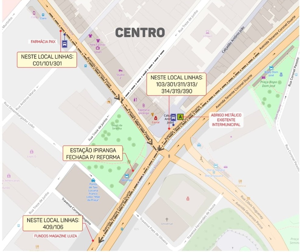 Mapa indicando pontos de ônibus alternativos de cada linha — Foto: Reprodução/Prefeitura de Cuiabá