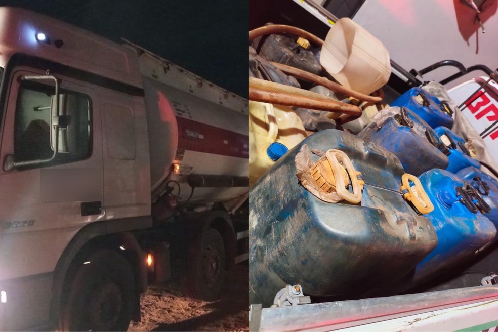 Suspeitos são conduzidos ao serem flagrados retirando combustível de caminhões-tanque — Foto: Divulgação/PMPI