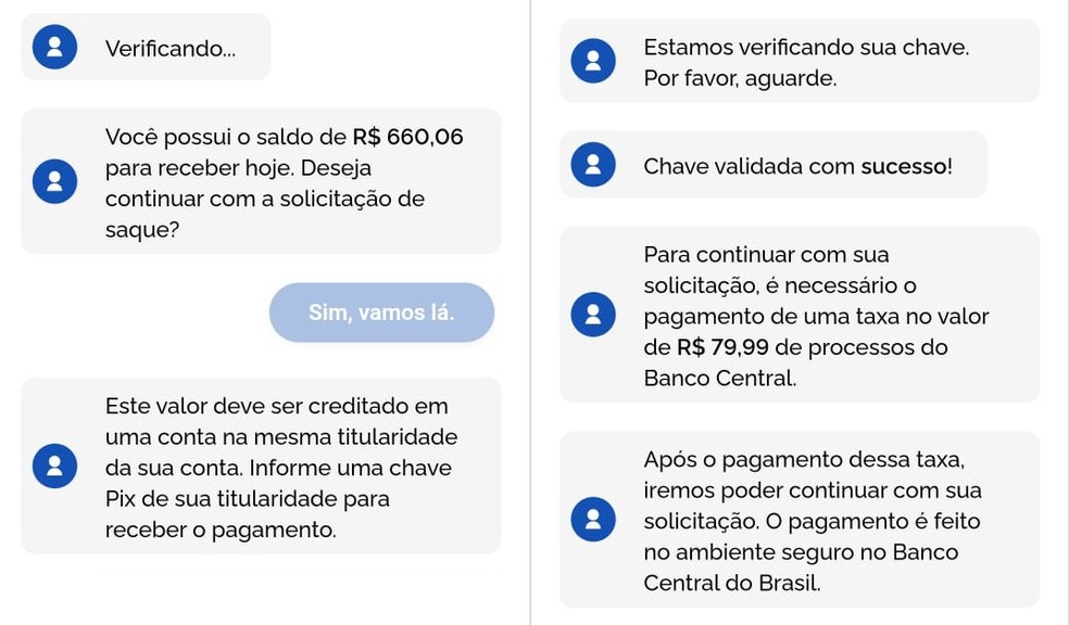 Golpe induz vítima a pagar taxa para receber suposta restituição do Imposto de Renda — Foto: Reprodução