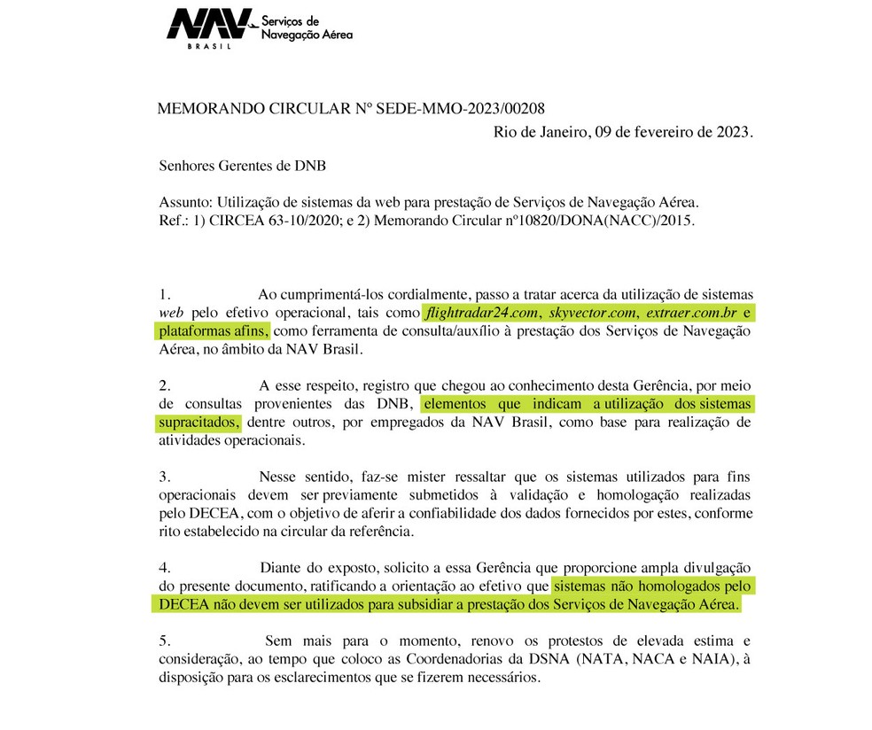 Memorando divulgado internamente pela estatal NavBrasil, proibindo uso de Fligthradar e ferramentas afins. — Foto: Reprodução/Arte g1